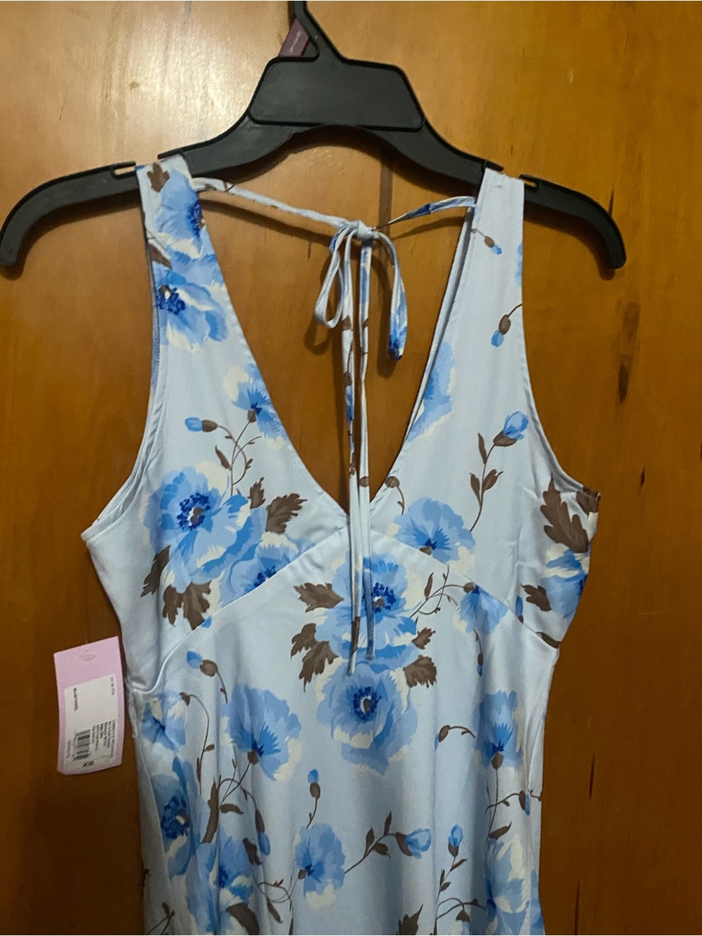 NWT- Satin Light Blue Floral Maxi Dress with Blue & Brown Bloom Print - Picture 7 of 7